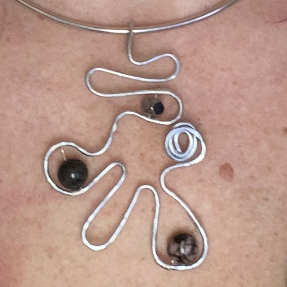 Artisan Created Hammered Stainless Steel Pendant with Rhodonite & Hematite - Picture 7 of 12